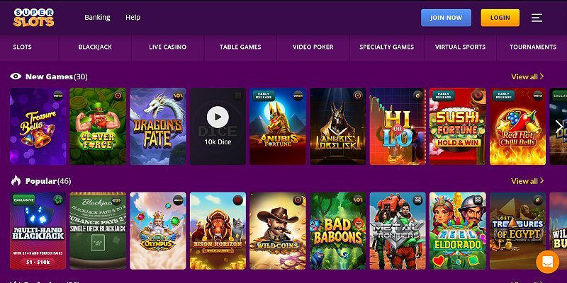 Super Slots casino lobby
